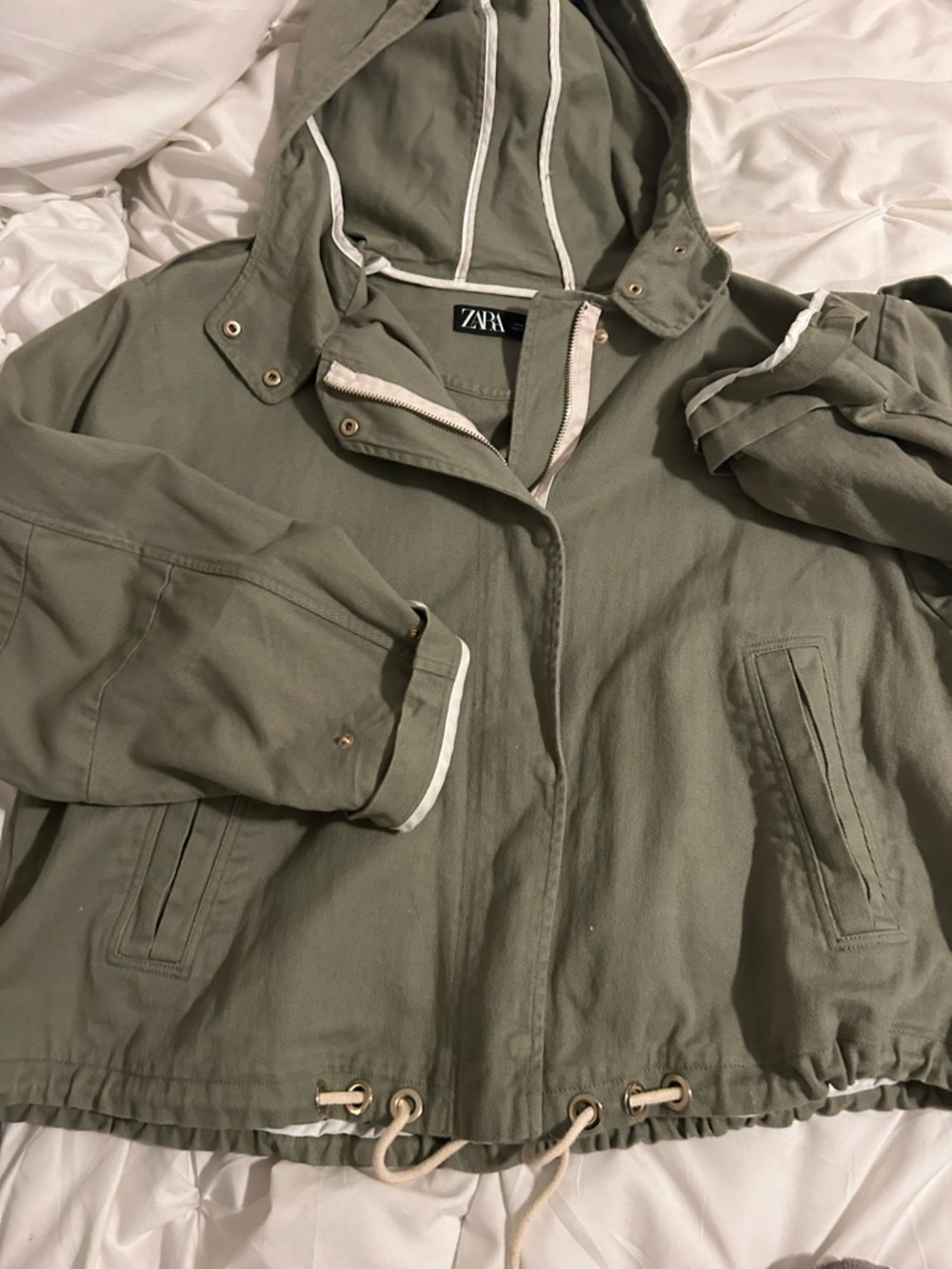 Zara Olive Hooded Utility Jacket with Drawstring